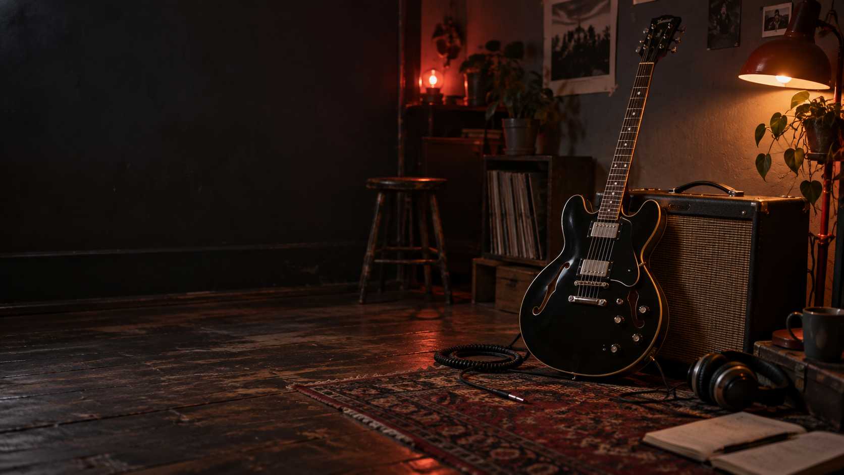 Guitare électrique noire et ampli dans un studio chaleureux